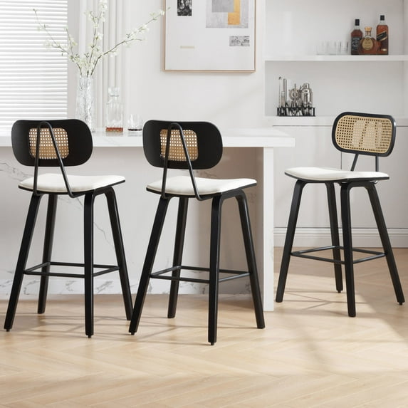 Foreate 26" Counter Height Bar Stools, Set of 3 with Rattan Mid-Back, Modern Wooden Stool Leather Upholstered Bar Chair Mid Century for Kitchen Island Dining Room Office