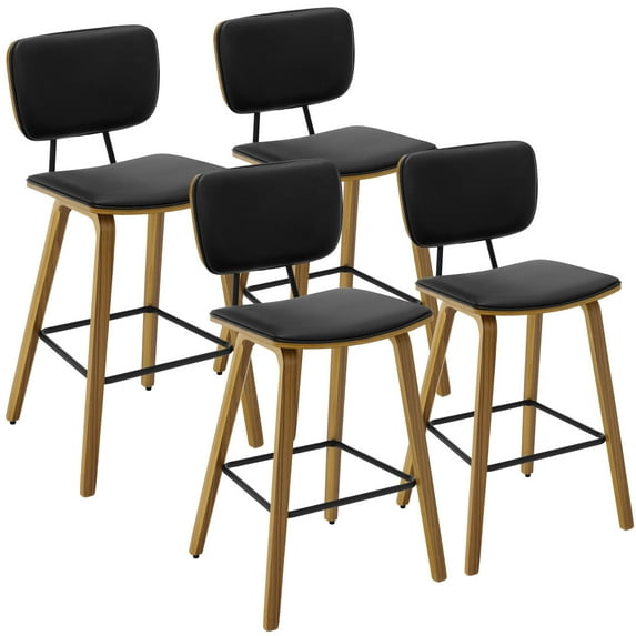 Foreate 26" Counter Height Bar Stools, Set of 4 with Mid-Back, Modern Wooden Stool Leather Upholstered Bar Chair Mid Century for Kitchen Island Dining Room Office