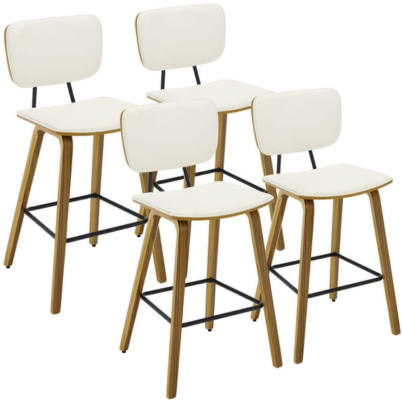 Foreate 26" Counter Height Bar Stools, Set of 4 with Mid-Back, Modern Wooden Stool Leather Upholstered Bar Chair Mid Century for Kitchen Island Dining Room Office