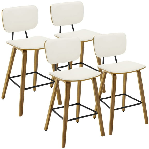 Foreate 26" Counter Height Bar Stools, Set of 4 with Mid-Back, Modern Wooden Stool Leather Upholstered Bar Chair Mid Century for Kitchen Island Dining Room Office