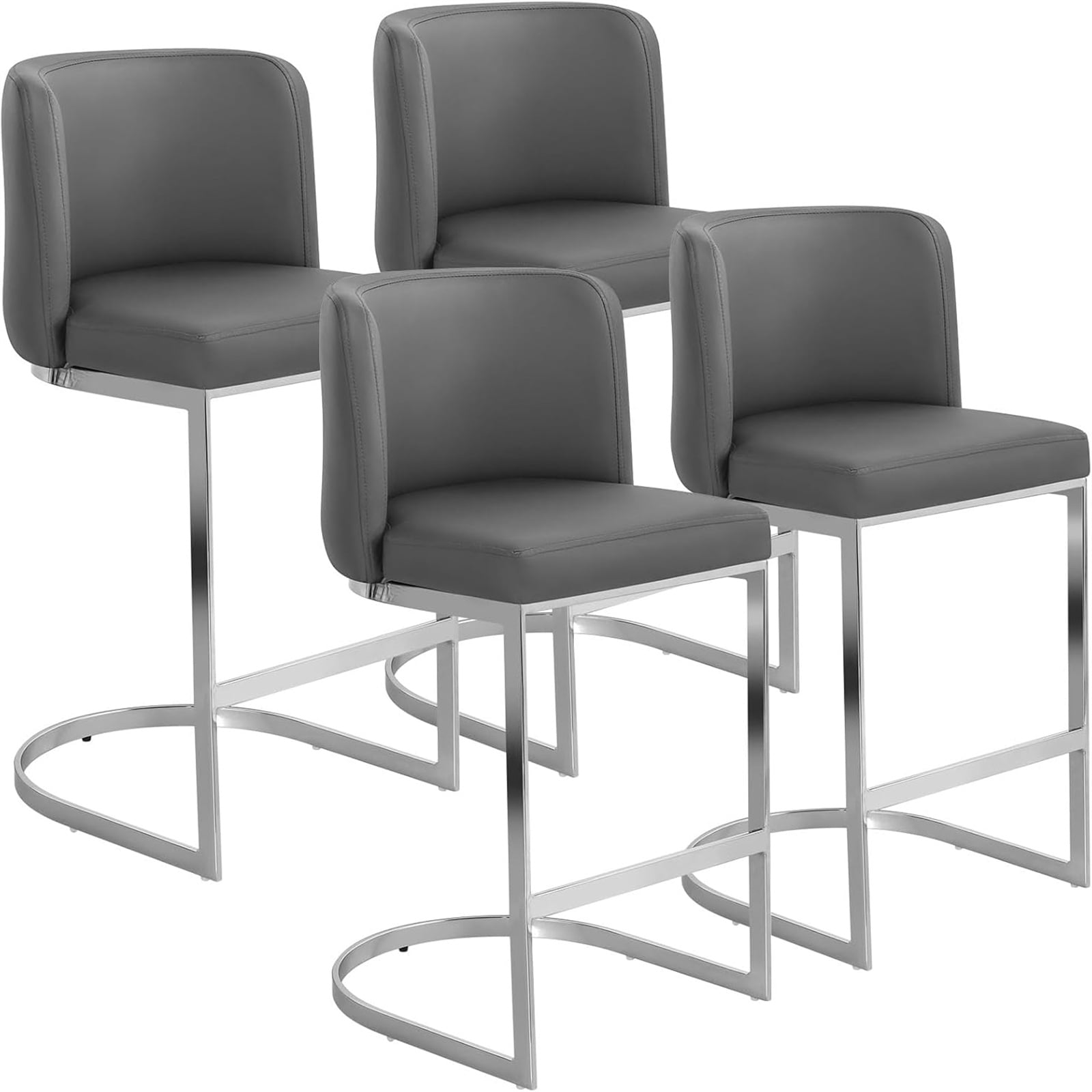 Foreate 26" Counter Height Bar Stools Set of 4 Modern Counter Stools with Back and C-Shaped Metal Frame, Upholstered Faux Leather Bar Chairs Island Stools for Kitchen Counter, Home Bar, Pub, Grey