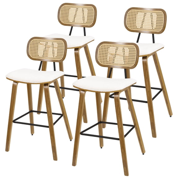 Foreate 26" Counter Height Bar Stools, Set of 4 with Rattan Mid-Back, Modern Wooden Stool Boucle Fabric Upholstered Bar Chair Mid Century for Kitchen Island Dining Room Office