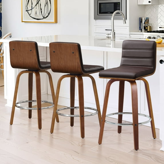 Foreate 26" Swivel Counter Height Bar Stool, Set of 3, PU Leather, 440LBS Capacity, Mid-Century Modern Design for Kitchen & Bar