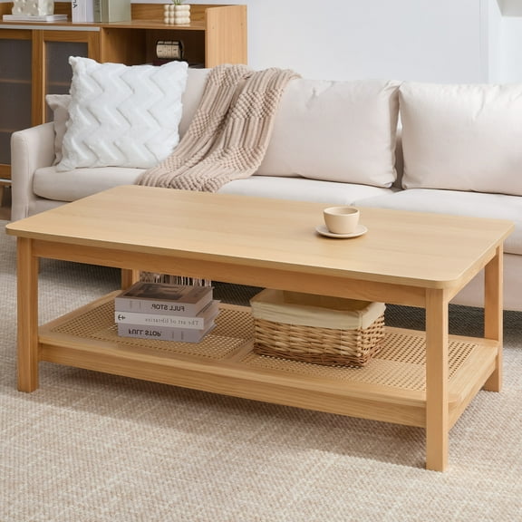 Foreate 47.2" Boho Coffee Table with Solid Wood Legs, Rattan Coffee Center Table with PE Rattan Storage Shelf, Mid Century Modern Rectangle Center Table for Living Room, Natural