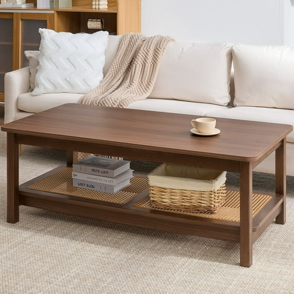 Foreate 47.2" Boho Coffee Table with Solid Wood Legs, Rattan Coffee Center Table with PE Rattan Storage Shelf, Mid Century Modern Rectangle Center Table for Living Room, Walnut