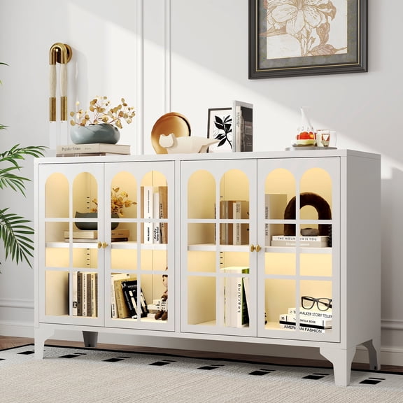 Foreate 53" Steel Storage Cabinet with 2 Glass Doors & COB Lights | 66lbs/Shelf Load-Bearing | Adjustable Shelves, Tempered Glass | Modern Sideboard for Kitchen/Dining