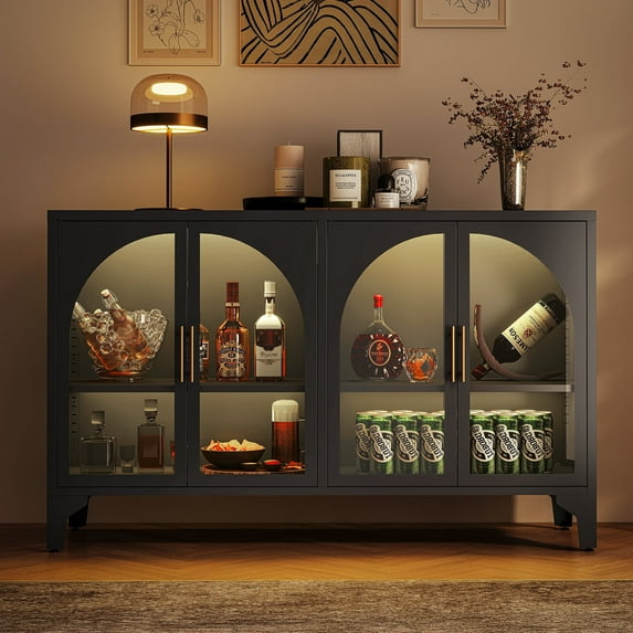 Foreate 53" Steel Storage Cabinet with 2 Glass Doors & COB Lights | 66lbs/Shelf Load-Bearing | Adjustable Shelves, Tempered Glass | Modern Sideboard for Kitchen/Dining