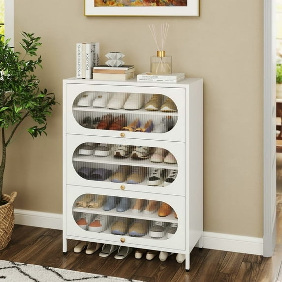 Foreate 6-Tier Metal Shoe Cabinet with 3 Flip-Up Tempered PC Doors - Ideal for Entryway, Hallway, Living Room - Holds 18 - 24 Pairs - Sturdy, Waterproof, Space - Saving