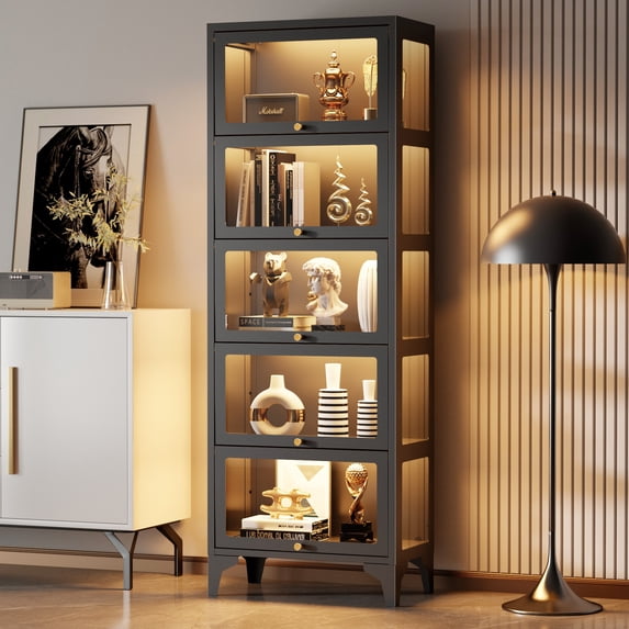 Foreate 67" 5-Tier Metal Display Cabinet, w/ 3 Side Tempered Glass & RGB LED Light, Heavy Duty Curio Cabinet Shelving Unit Cases for Collectibles Storage Rack