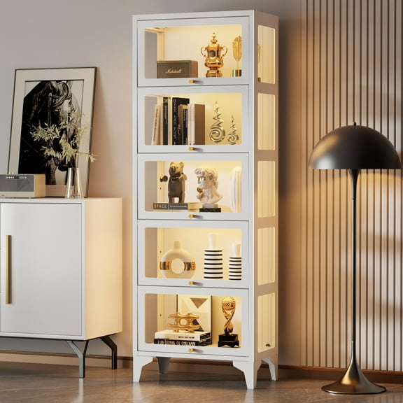 Foreate 67" 5-Tier Metal Display Cabinet, w/ 3 Side Tempered Glass & RGB LED Light, Heavy Duty Curio Cabinet Shelving Unit Cases for Collectibles Storage Rack