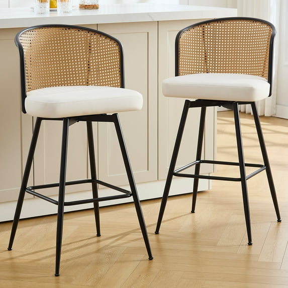 Foreate Cane & PU Swivel Barstools Set of 2, 29" Seat Counter Height w/ Rattan Mid-Back Metal Legs, Upholstered Leather Modern Armless Bar Stools Chairs for Kitchen Island Pub
