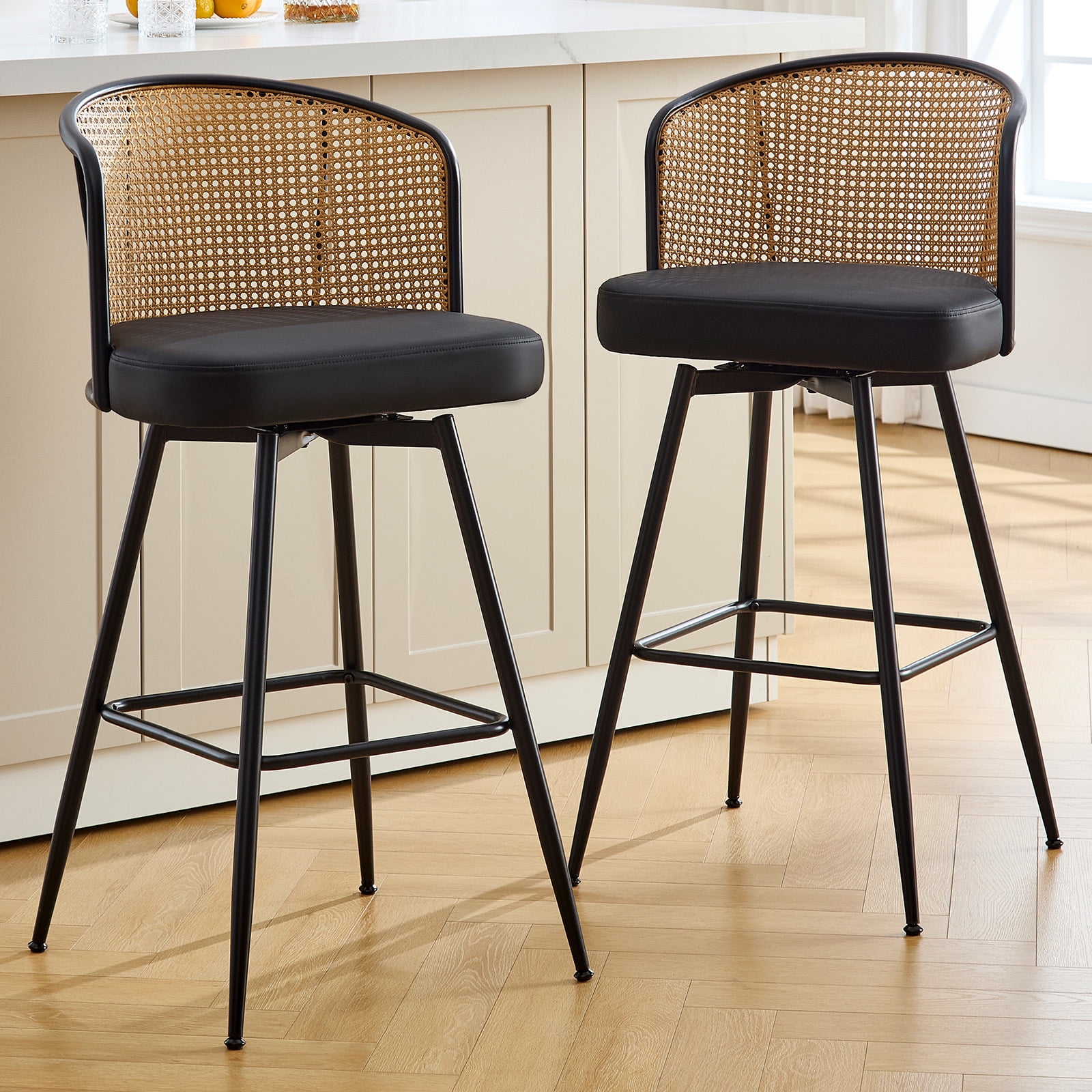 Foreate Cane & PU Swivel Barstools Set of 2, 29" Seat Counter Height w/ Rattan Mid-Back Metal Legs, Upholstered Leather Modern Armless Bar Stools Chairs for Kitchen Island Pub