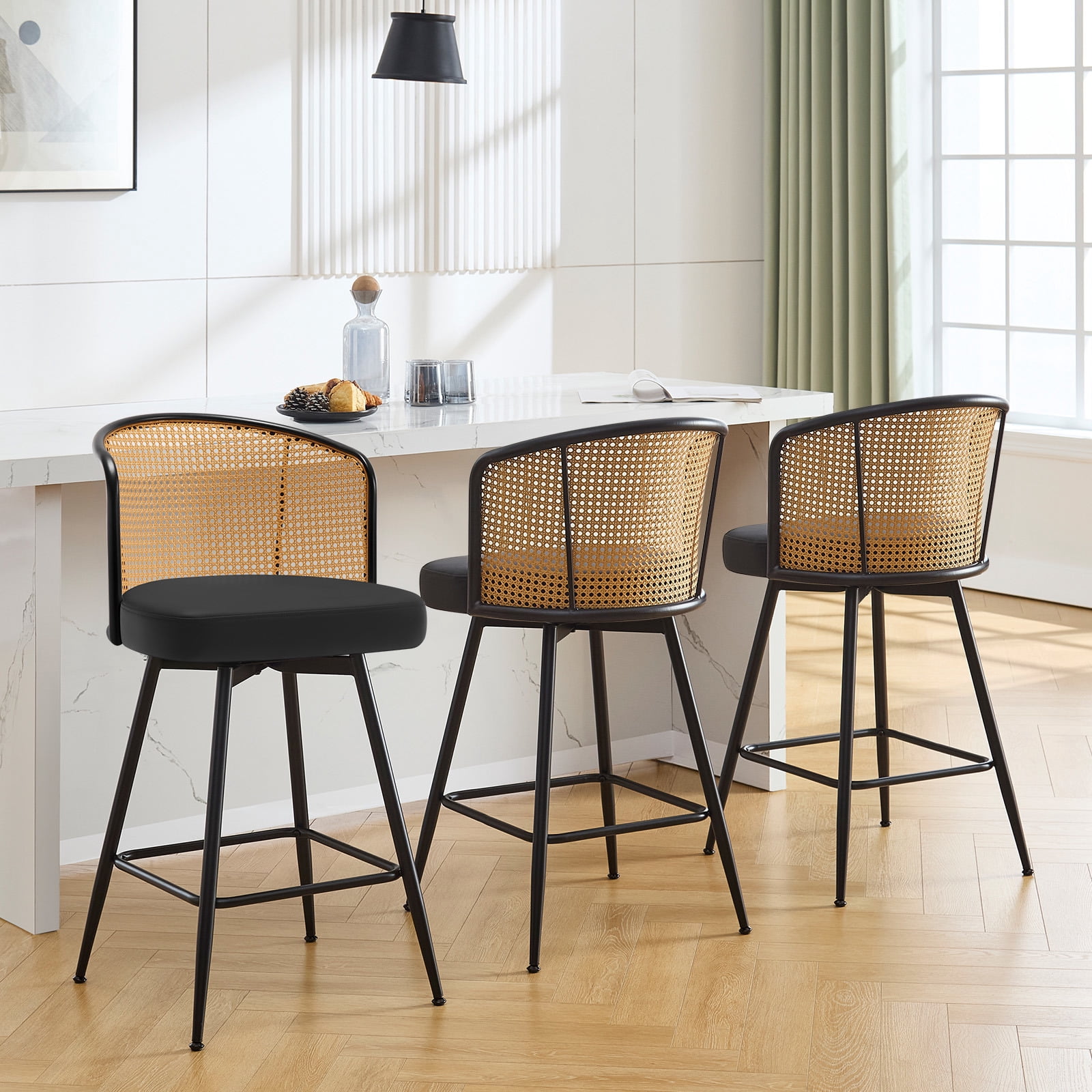 Foreate Cane & PU Swivel Barstools Set of 3, 26" Seat Counter Height w/ Rattan Mid-Back Metal Legs, Upholstered Leather Modern Armless Bar Stools Chairs for Kitchen Island Pub