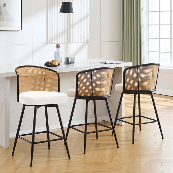 Foreate Cane & PU Swivel Barstools Set of 3, 26" Seat Counter Height w/ Rattan Mid-Back Metal Legs, Upholstered Leather Modern Armless Bar Stools Chairs for Kitchen Island Pub