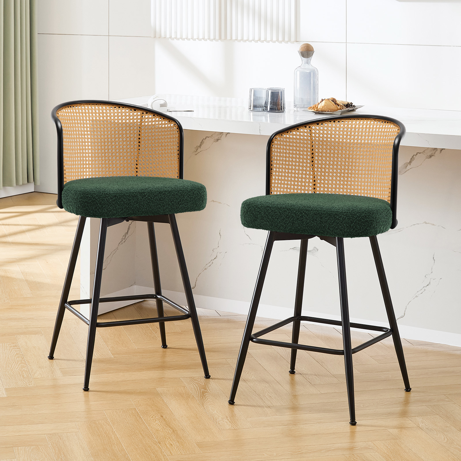 Foreate Cane Swivel Barstools Set of 2, 26" Seat Counter Height w/ Rattan Mid-Back Metal Legs, Upholstered Boucle Fabric Modern Armless Bar Stools Chairs for Kitchen Island Pub