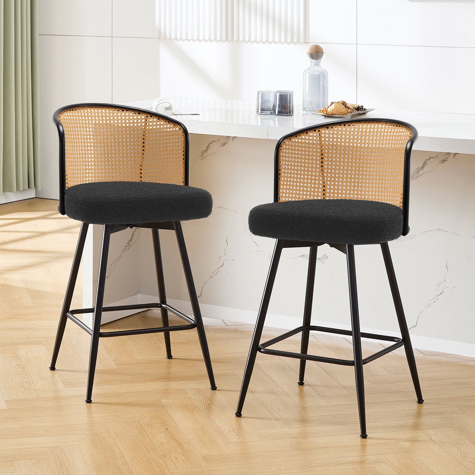 Foreate Cane Swivel Barstools Set of 2, 26" Seat Counter Height w/ Rattan Mid-Back Metal Legs, Upholstered Boucle Fabric Modern Armless Bar Stools Chairs for Kitchen Island Pub