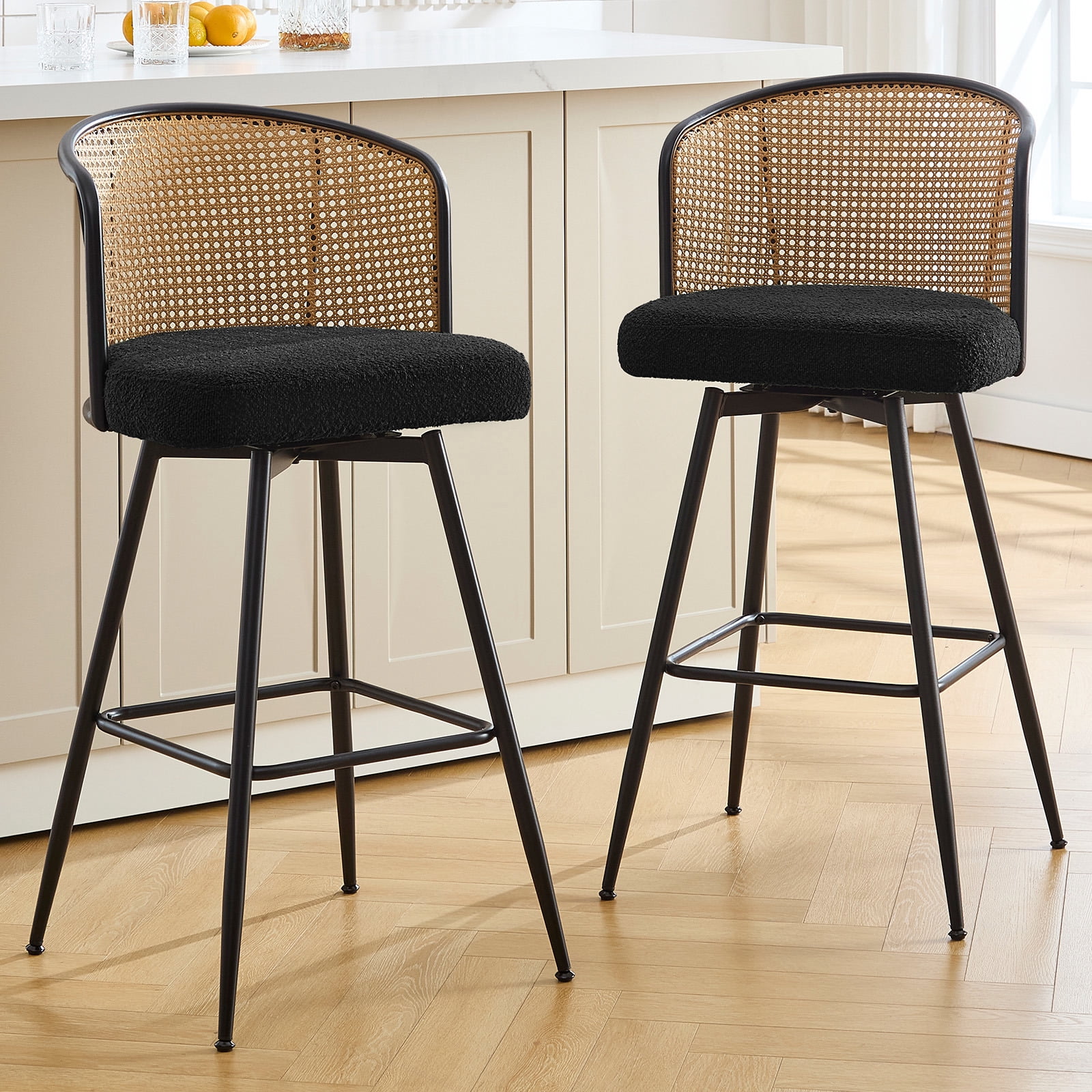 Foreate Cane Swivel Barstools Set of 2, 29" Seat Counter Height w/ Rattan Mid-Back Metal Legs, Upholstered Boucle Fabric Modern Armless Bar Stools Chairs for Kitchen Island Pub