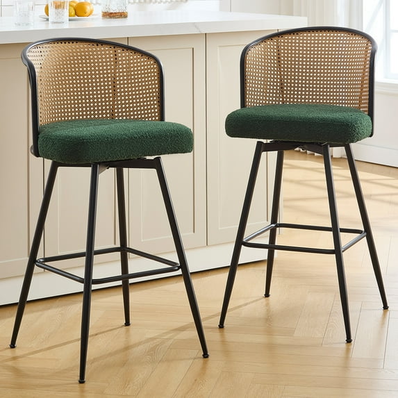 Foreate Cane Swivel Barstools Set of 2, 29" Seat Counter Height w/ Rattan Mid-Back Metal Legs, Upholstered Boucle Fabric Modern Armless Bar Stools Chairs for Kitchen Island Pub