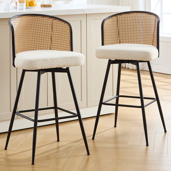 Foreate Cane Swivel Barstools Set of 2, 29" Seat Counter Height w/ Rattan Mid-Back Metal Legs, Upholstered Boucle Fabric Modern Armless Bar Stools Chairs for Kitchen Island Pub