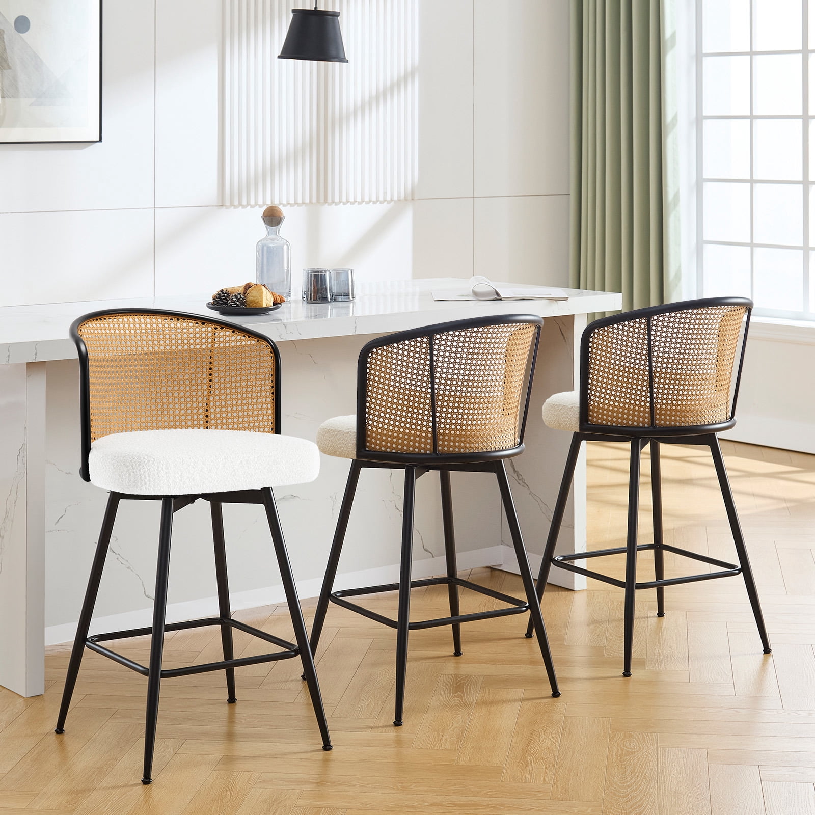 Foreate Cane Swivel Barstools Set of 3, 26" Seat Counter Height w/ Rattan Mid-Back Metal Legs, Upholstered Boucle Fabric Modern Armless Bar Stools Chairs for Kitchen Island Pub