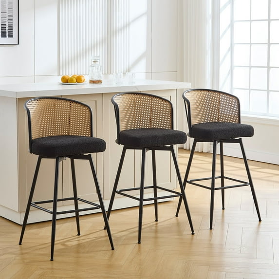 Foreate Cane Swivel Barstools Set of 3, 29" Seat Counter Height w/ Rattan Mid-Back Metal Legs, Upholstered Boucle Fabric Modern Armless Bar Stools Chairs for Kitchen Island Pub
