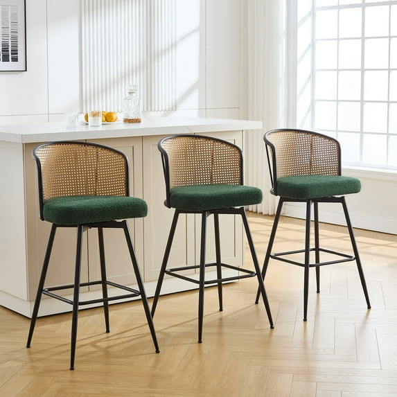 Foreate Cane Swivel Barstools Set of 3, 29" Seat Counter Height w/ Rattan Mid-Back Metal Legs, Upholstered Boucle Fabric Modern Armless Bar Stools Chairs for Kitchen Island Pub
