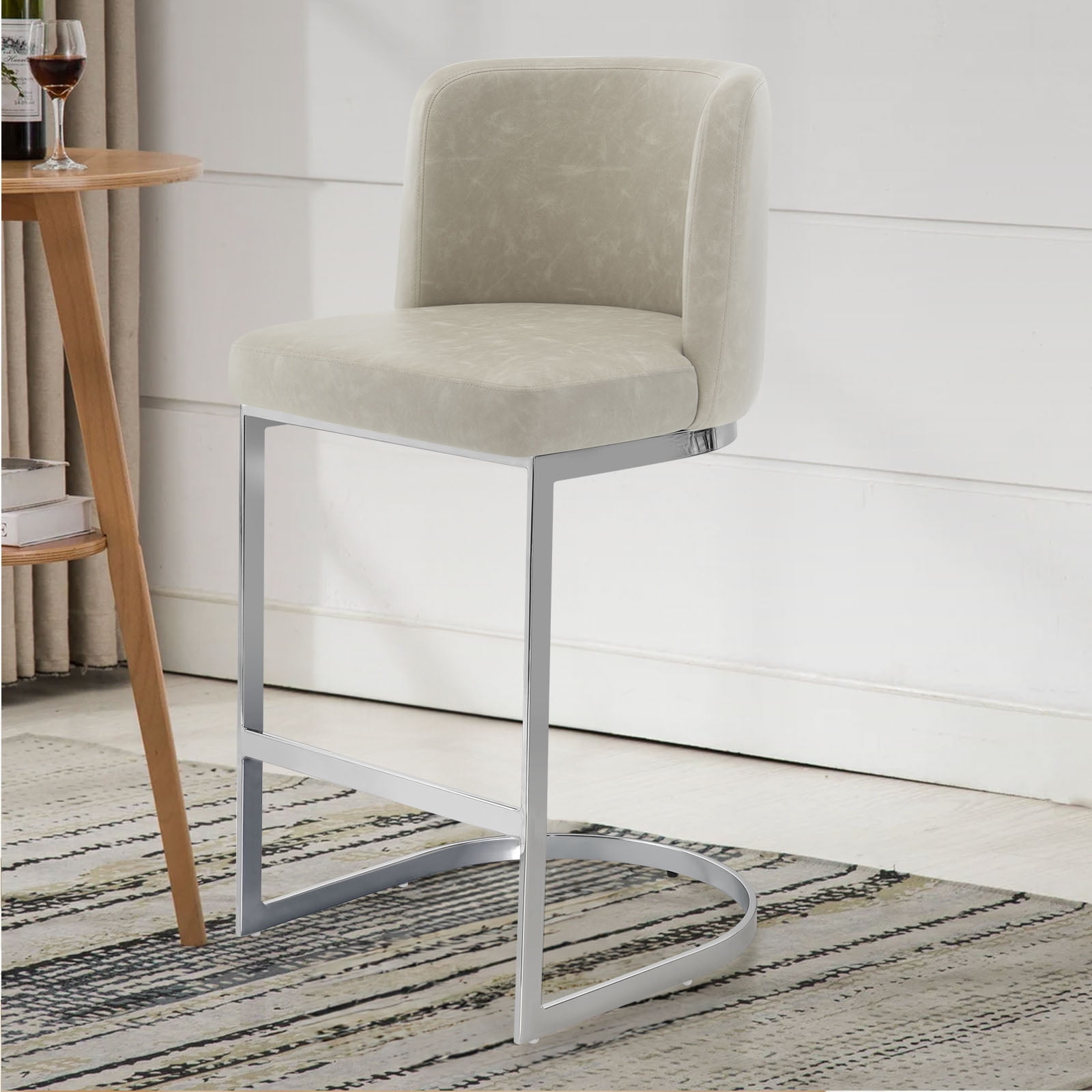 Foreate Counter Height Bar Stools Modern 26" Counter Stools with Back and C-Shaped Metal Frame, Upholstered Faux Leather Bar Chairs Island Stools for Kitchen Counter, Home Bar, Pub, Beige