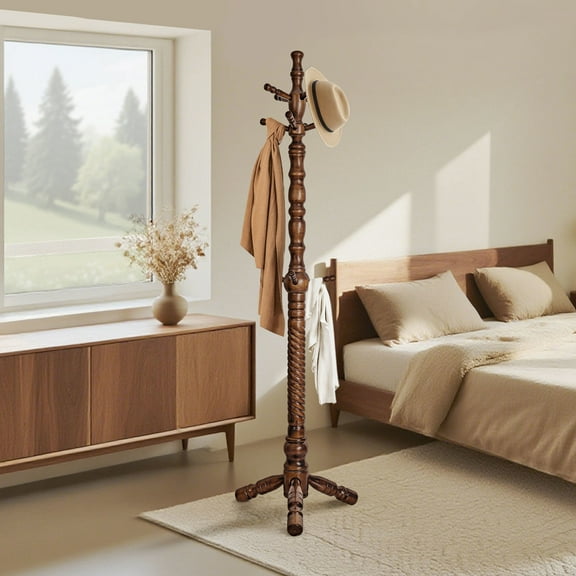 Foreate Eucalyptus Wood Coat Rack Heavy Duty 74.4" Freestanding Tree Branch Rack Modern Minimalist Clothing Hanger w/ 11 Hanging Hooks Adjustable Height for Corner Entryway Small Space, Walnut