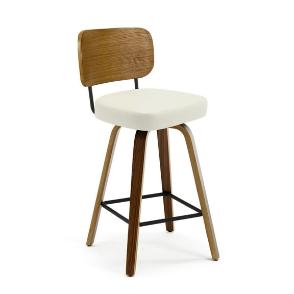 Foreate PU Swivel Bar Stools Set of 1, 26" Seat Height Upholstered Luxurious Faux Leather w/ Wood Mid-Back & Legs, Mid Century Modern Kitchen Island Stool Bar Chair, White