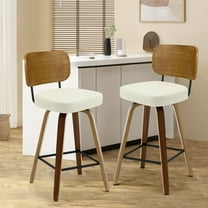 Foreate PU Swivel Bar Stools Set of 2, 26" Seat Height Upholstered Luxurious Faux Leather w/ Wood Mid-Back & Legs, Mid Century Modern Kitchen Island Stool Bar Chair, White