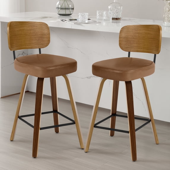Foreate PU Swivel Bar Stools Set of 2, 26" Seat Height Upholstered Luxurious Faux Leather w/ Wood Mid-Back & Legs, Mid Century Modern Kitchen Island Stool Bar Chair, Brown