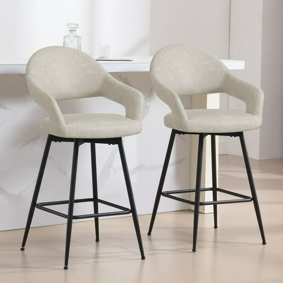 Foreate PU Swivel Barstools Set of 2, 26" Seat Counter Height w/ Hollow Mid-Back Metal Legs, Upholstered Leather Modern Kitchen Pub Island Stools Bar Chairs