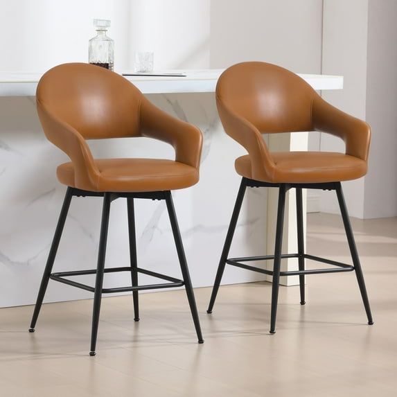 Foreate PU Swivel Barstools Set of 2, 26" Seat Counter Height w/ Hollow Mid-Back Metal Legs, Upholstered Leather Modern Kitchen Pub Island Stools Bar Chairs