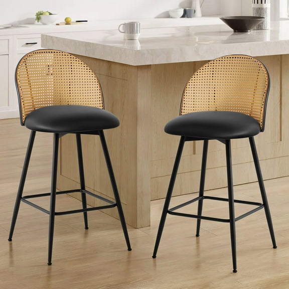 Foreate Rattan Swivel Barstools Set of 2, 26" Seat Counter Height, Upholstered PU Leather Modern Kitchen Island Stools Bar Chairs w/ Mid-Back Metal Legs