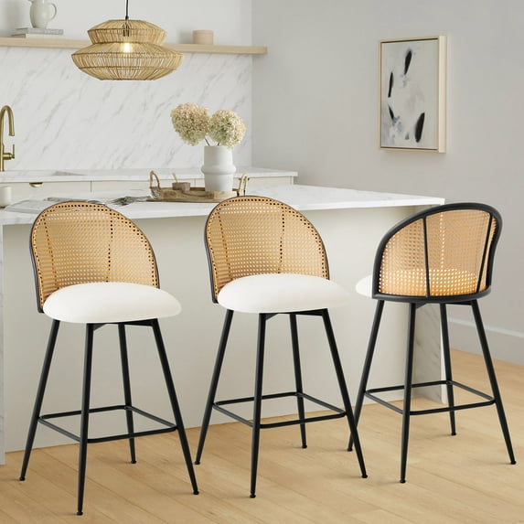Foreate Rattan Swivel Barstools Set of 3, 26" Seat Counter Height, Upholstered PU Leather Modern Kitchen Island Stools Bar Chairs w/ Mid-Back Metal Legs