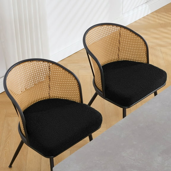 Foreate Set of 2 Modern Rattan Dining Chairs Mid-Century Cane Back, Curved Arm, Boucle Upholstered - 300 lbs Capacity, Quick Assembly for Home & Office Black