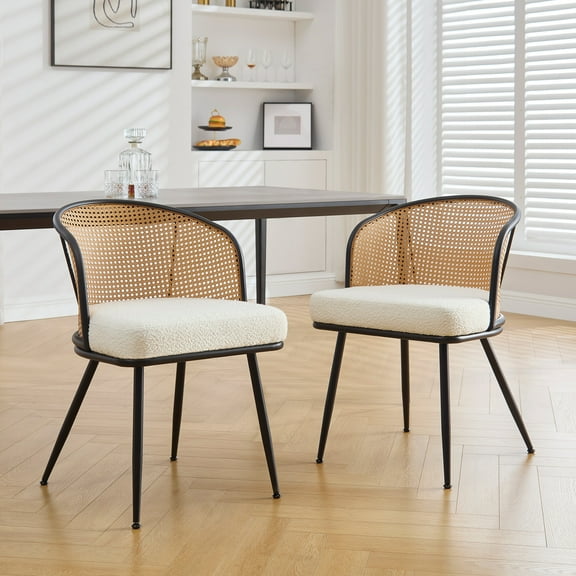 Foreate Set of 2 Modern Rattan Dining Chairs Mid-Century Cane Back, Curved Arm, Boucle Upholstered - 300 lbs Capacity, Quick Assembly for Home & Office White