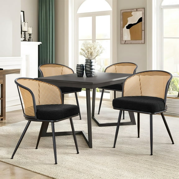 Foreate Set of 4 Modern Rattan Dining Chairs Mid-Century Cane Back, Curved Arm, Boucle Upholstered - 300 lbs Capacity, Quick Assembly for Home & Office Black