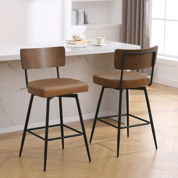 Foreate Swivel Bar Stools, 26" Counter Height Set of 2 with Wood Mid Back, Modern Mid Century Leather Bartools Upholstered Bar Chair for Kitchen Island Dining Room Office