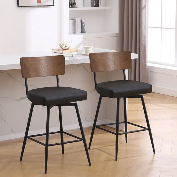 Foreate Swivel Bar Stools, 26" Counter Height Set of 2 with Wood Mid Back, Modern Mid Century Leather Bartools Upholstered Bar Chair for Kitchen Island Dining Room Office