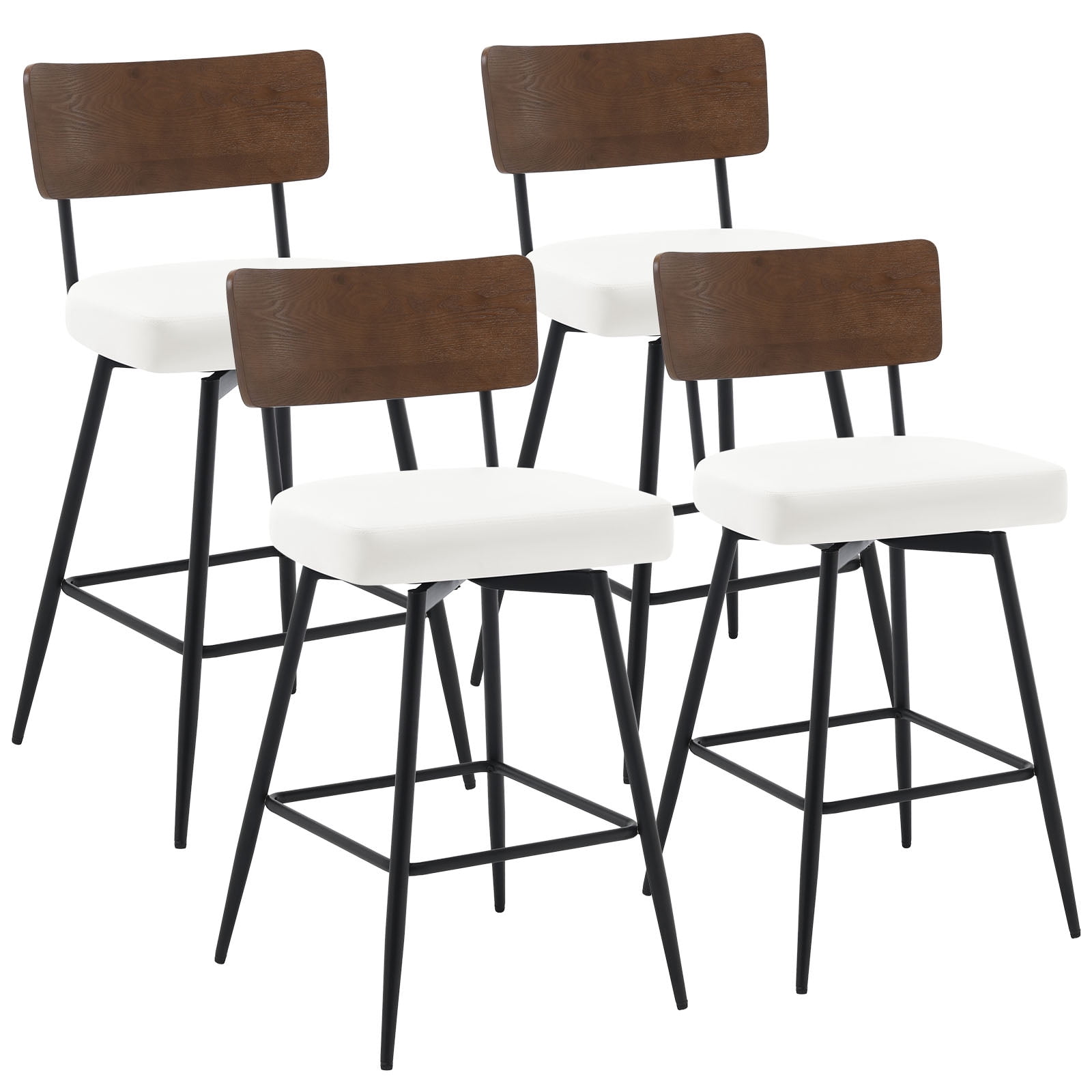 Foreate Swivel Bar Stools, 26" Counter Height Set of 4 with Wood Mid Back, Modern Mid Century Leather Bartools Upholstered Bar Chair for Kitchen Island Dining Room Office