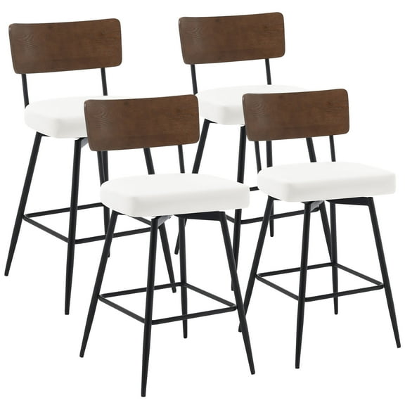 Foreate Swivel Bar Stools, 26" Counter Height Set of 4 with Wood Mid Back, Modern Mid Century Leather Bartools Upholstered Bar Chair for Kitchen Island Dining Room Office