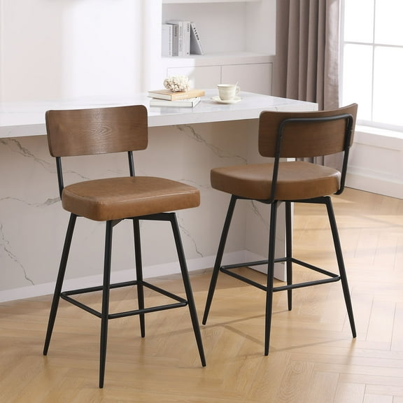 Foreate Swivel Bar Stools, 29" Counter Height Set of 2 with Wood Mid Back, Modern Mid Century Leather Bartools Upholstered Bar Chair for Kitchen Island Dining Room Office