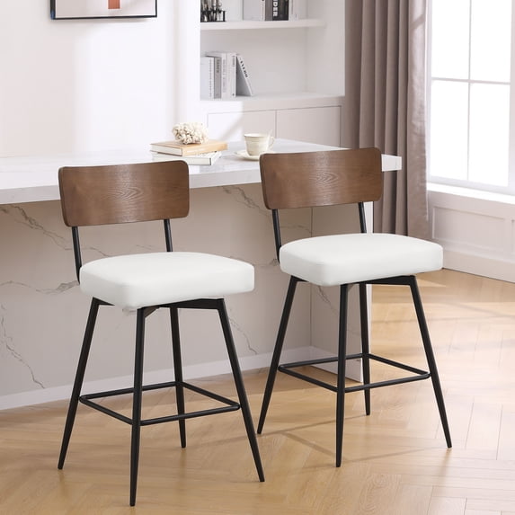 Foreate Swivel Bar Stools, 29" Counter Height Set of 2 with Wood Mid Back, Modern Mid Century Leather Bartools Upholstered Bar Chair for Kitchen Island Dining Room Office