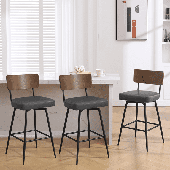 Foreate Swivel Bar Stools, 29" Counter Height Set of 3 with Wood Mid Back, Modern Mid Century Leather Bartools Upholstered Bar Chair for Kitchen Island Dining Room Office