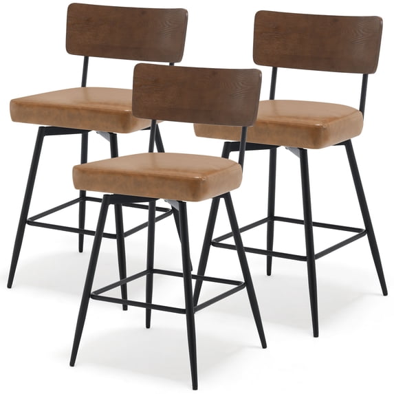 Foreate Swivel Bar Stools, 29" Counter Height Set of 3 with Wood Mid Back, Modern Mid Century Leather Bartools Upholstered Bar Chair for Kitchen Island Dining Room Office