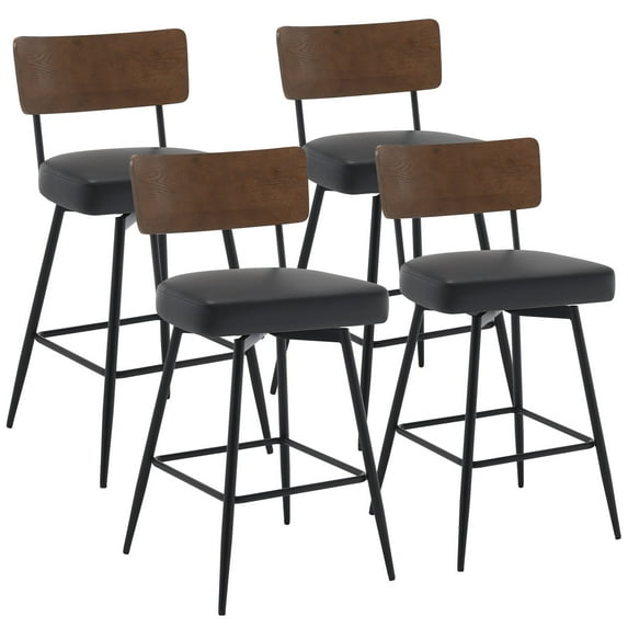 Foreate Swivel Bar Stools, 29" Counter Height Set of 4 with Wood Mid Back, Modern Mid Century Leather Bartools Upholstered Bar Chair for Kitchen Island Dining Room Office