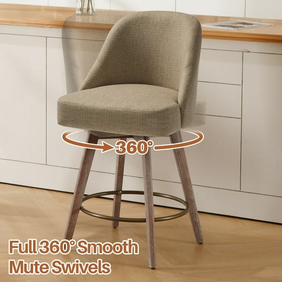 Foreate Swivel Bar Stools Set of 1, 26" Counter Height, Upholstered Linen Fabric Large Seat with Mid-Back & Wood Legs, Modern Chair Island Stool for Kitchen Pub, Sand Brown