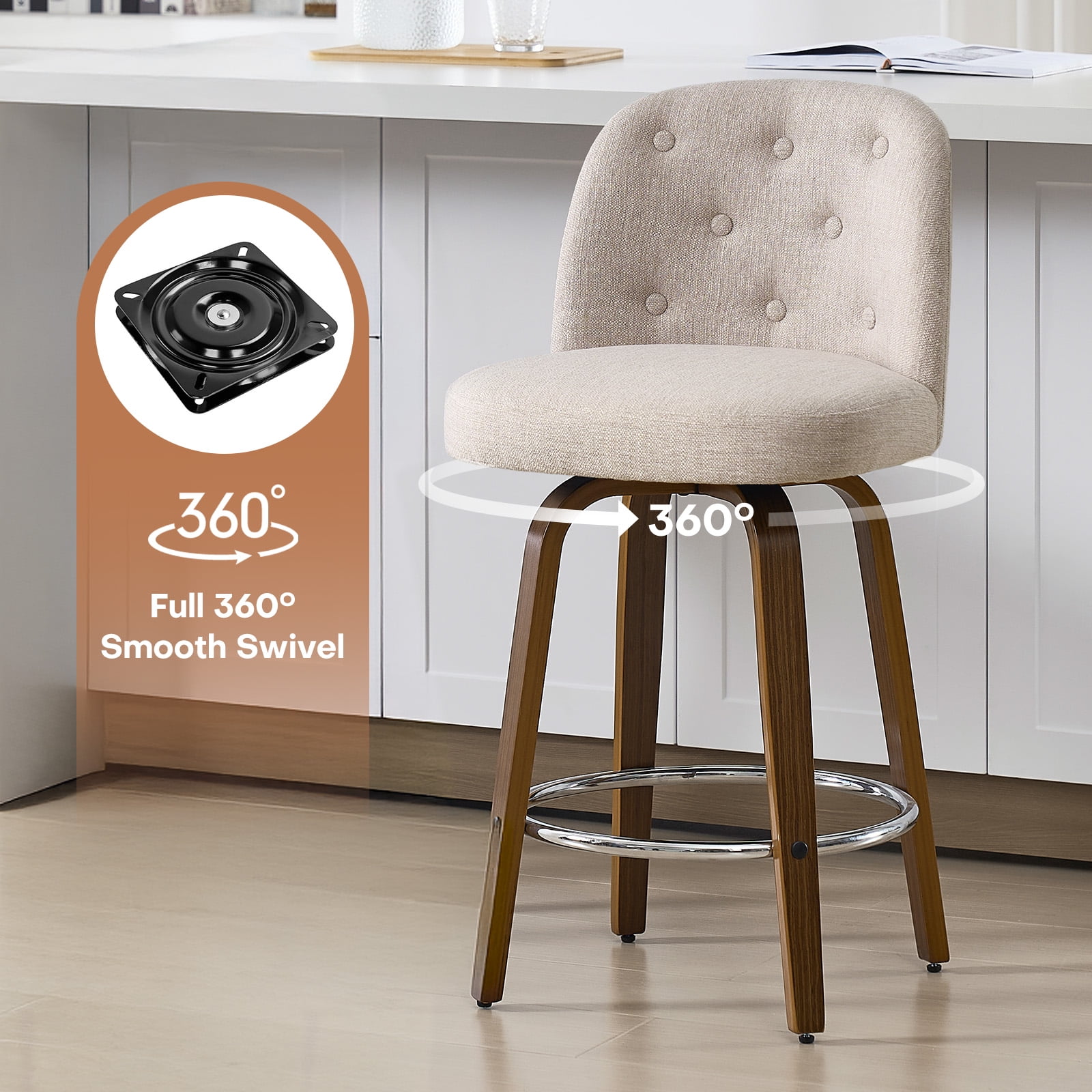 Foreate Swivel Bar Stools Set of 1, 26" Upholstered Linen Fabric with Button-tufted Mid-Back & Wood Legs, Modern Chair Kitchen Pub Island Counter Stool