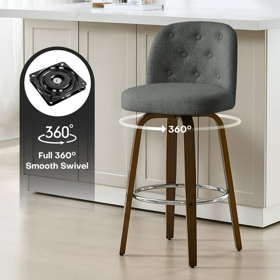 Foreate Swivel Bar Stools Set of 1, 29" Upholstered Linen Fabric with Button-tufted Mid-Back & Wood Legs, Modern Chair Kitchen Pub Island Counter Stool